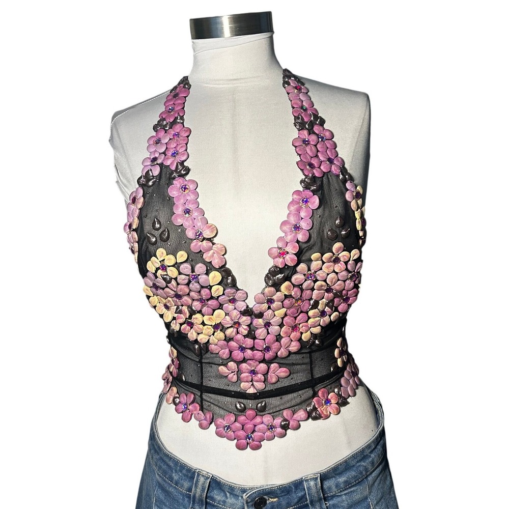 RARE Ema Savahl Hand Painted 3D Floral Halter Tie Back Top Black Mesh Appliqué - Picture 9 of 12